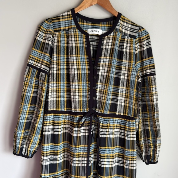 Cefinn Katie Organic Cotton Seersucker Maxi Dress - Navy Yellow 6 - Picture 2 of 13